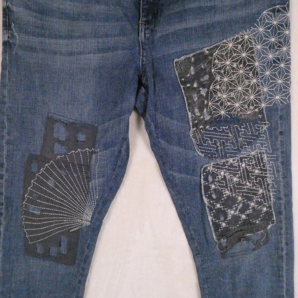 Pilcro Hyphen Patchwork Cropped Jeans Size 31 Sashiko Embroidered Anthropologie - Picture 5 of 10